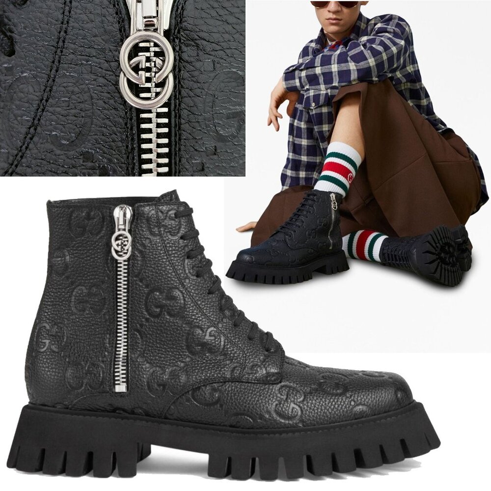 GUCCI BOOTS MENS ANKLE BLACK GG LOGO LEATHER ZIPPER LACE-UP sz 9.5 10 US